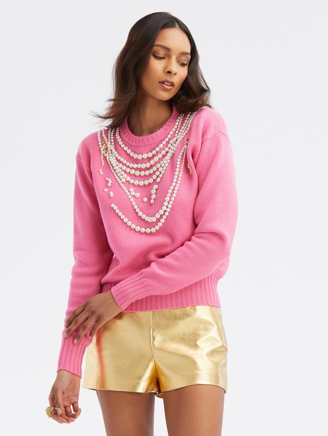 Pearl Embroidered Necklace Pullover