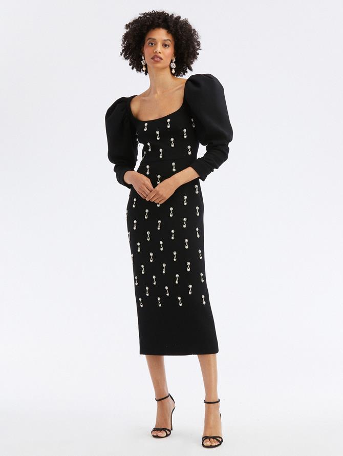 Puff Sleeve Pearl Embroidered Cocktail Dress