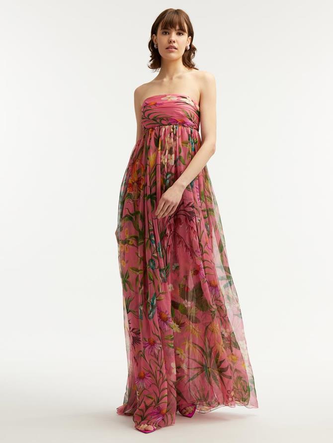 Strapless Floral Tapestry Chiffon Gown