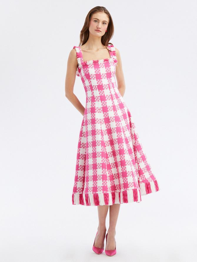 Sleeveless Fringe Checkered Tweed Dress
