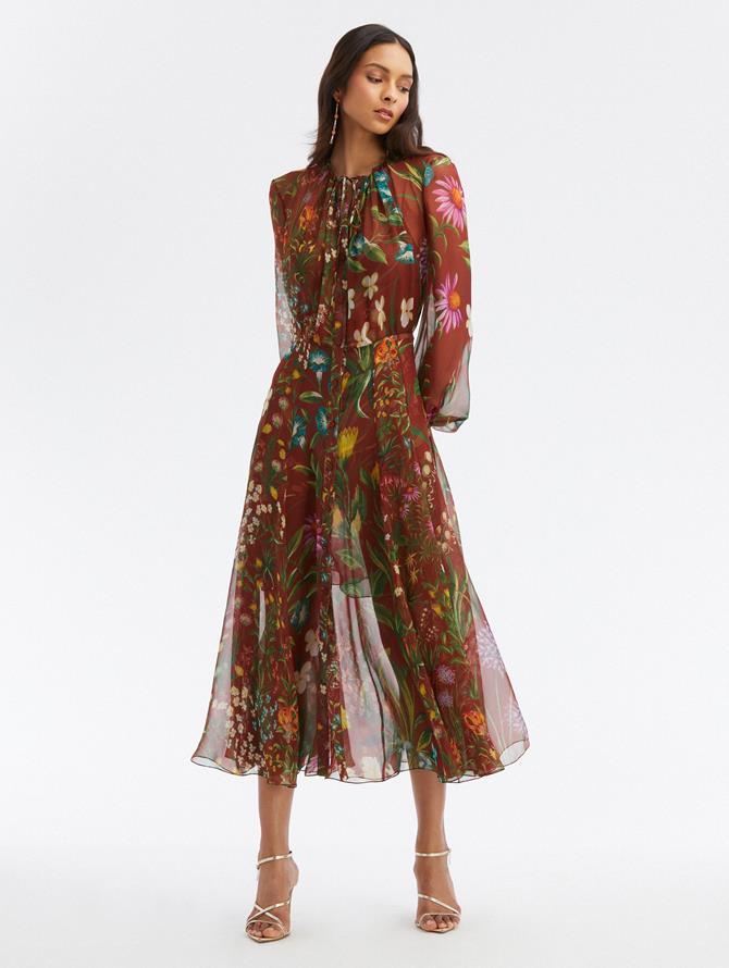 Long Sleeve Floral Tapestry Chiffon Dress