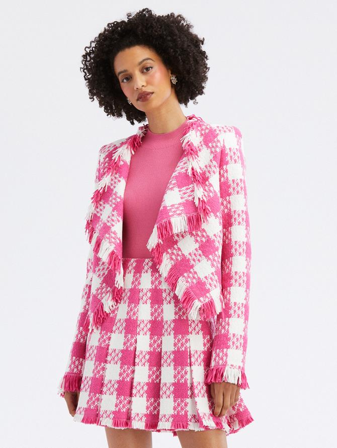 Checkered Tweed Draped Lapel Jacket