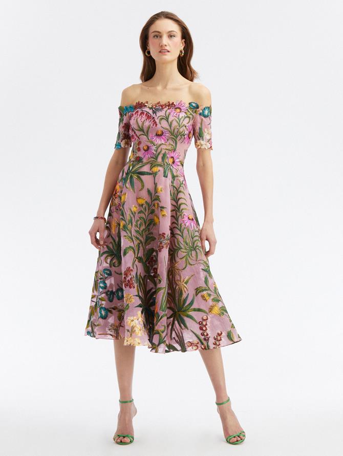 Off-Shoulder Floral Tapestry Fil Coupe Dress