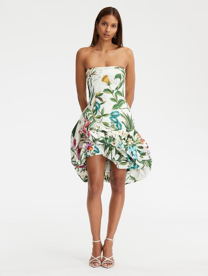 Floral Tapestry Draped Skirt Cocktail Dress