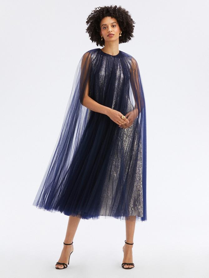 Tulle Overlay Lame Mousseline Cocktail Dress