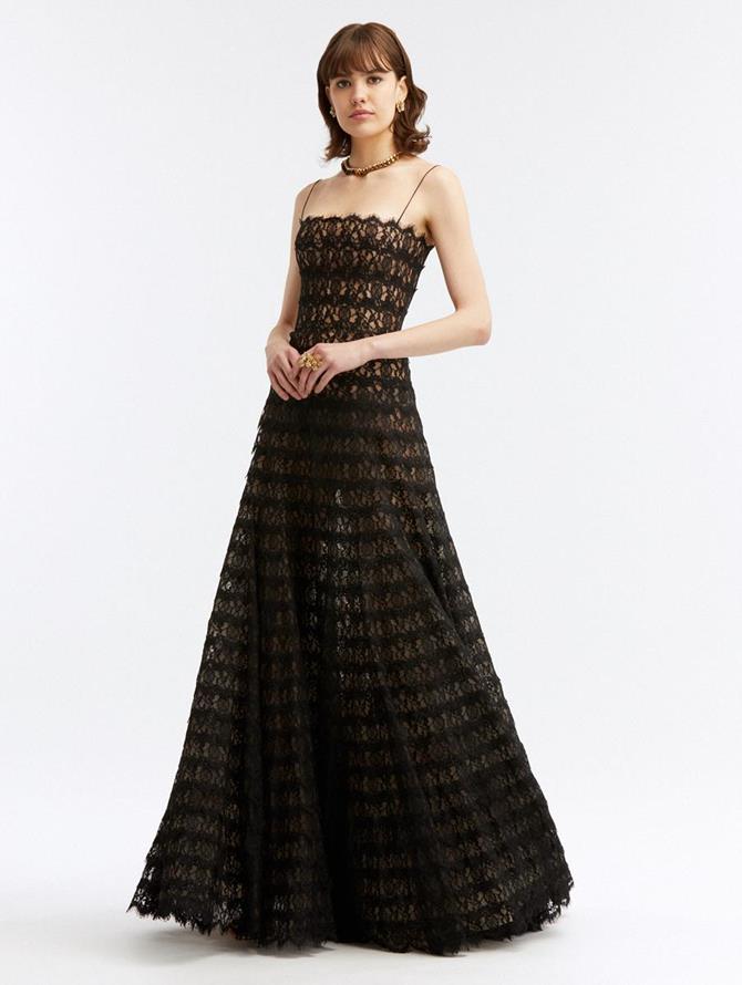Skinny Strap Lace Embroidered Gown