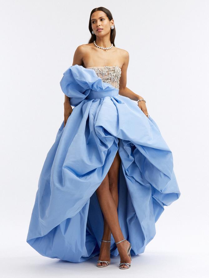Crystal Embroidered Bodice Draped Skirt Gown