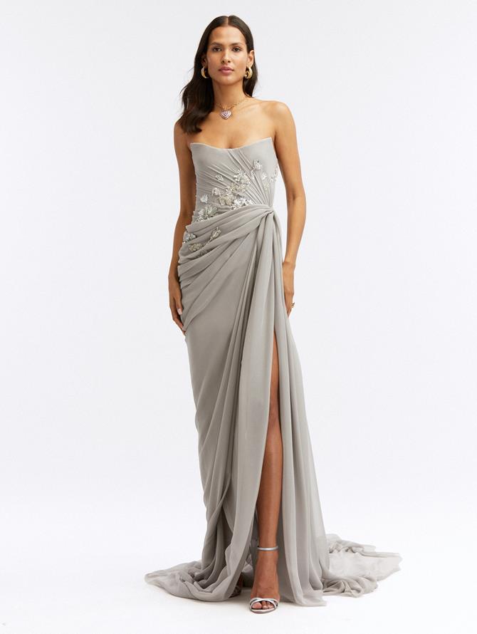 Draped Chiffon Crystal Embellished Gown