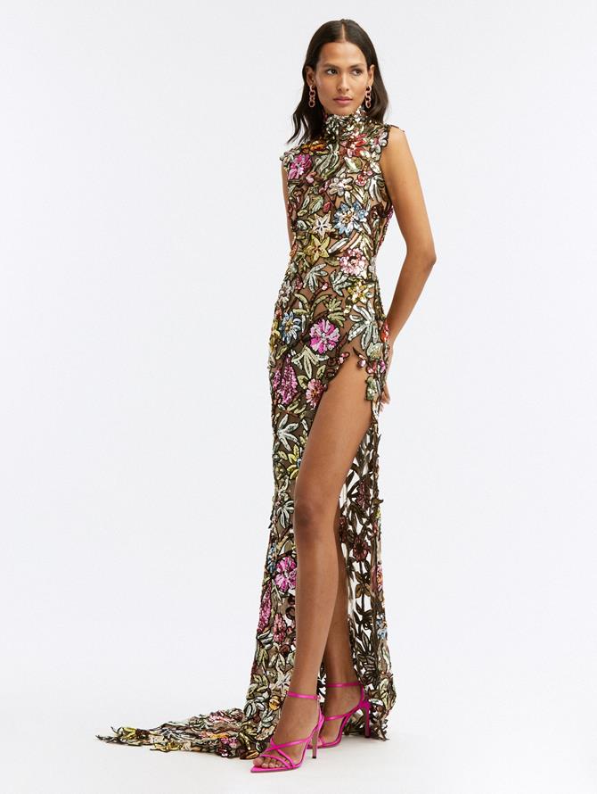 Multicolor Floral Sequin Embroidered Gown