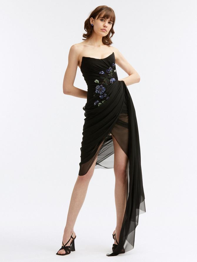 Draped Chiffon Crystal Embellished Mini Dress
