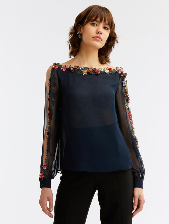 Bateau Neck Crystal Embroidered Blouse