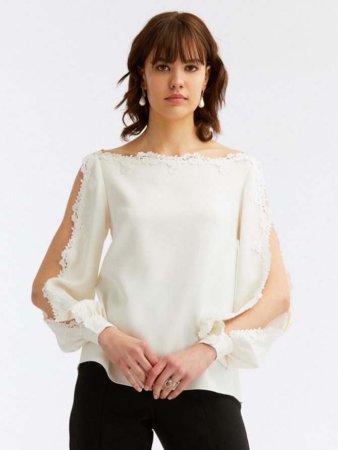 Bateau Neck Guipure Trim Blouse