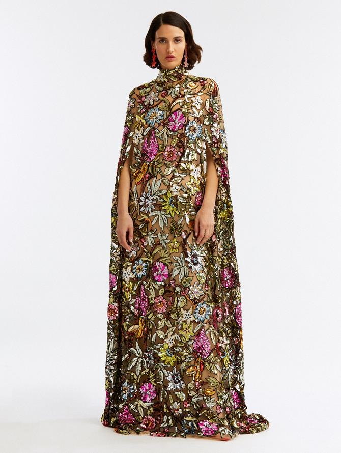 Multicolor Floral Sequin Embroidered Caftan
