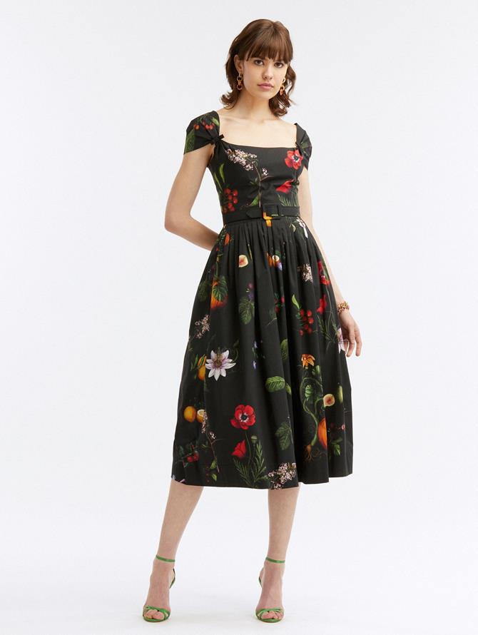 Cap-Sleeve Garden Print Midi Dress