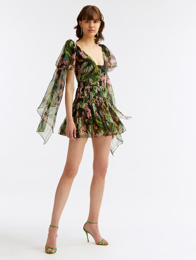 Mixed Botanical Tie-Strap Mini Dress