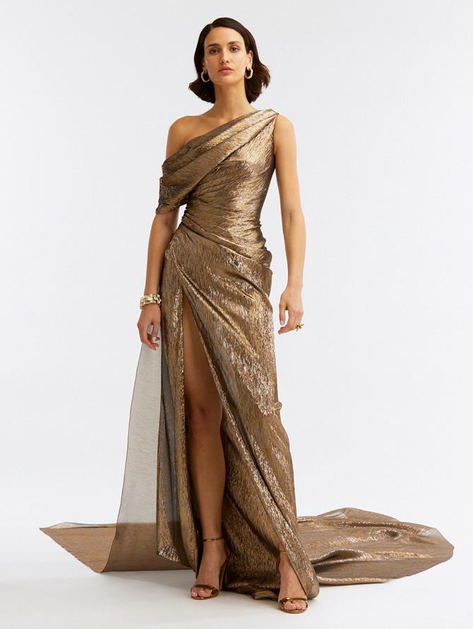 One-Shoulder Draped Lame Mousseline Gown