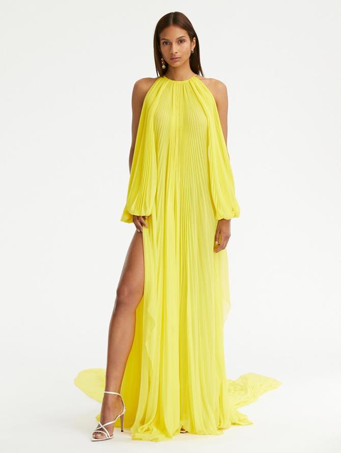 Cold Shoulder Pleated Chiffon Gown