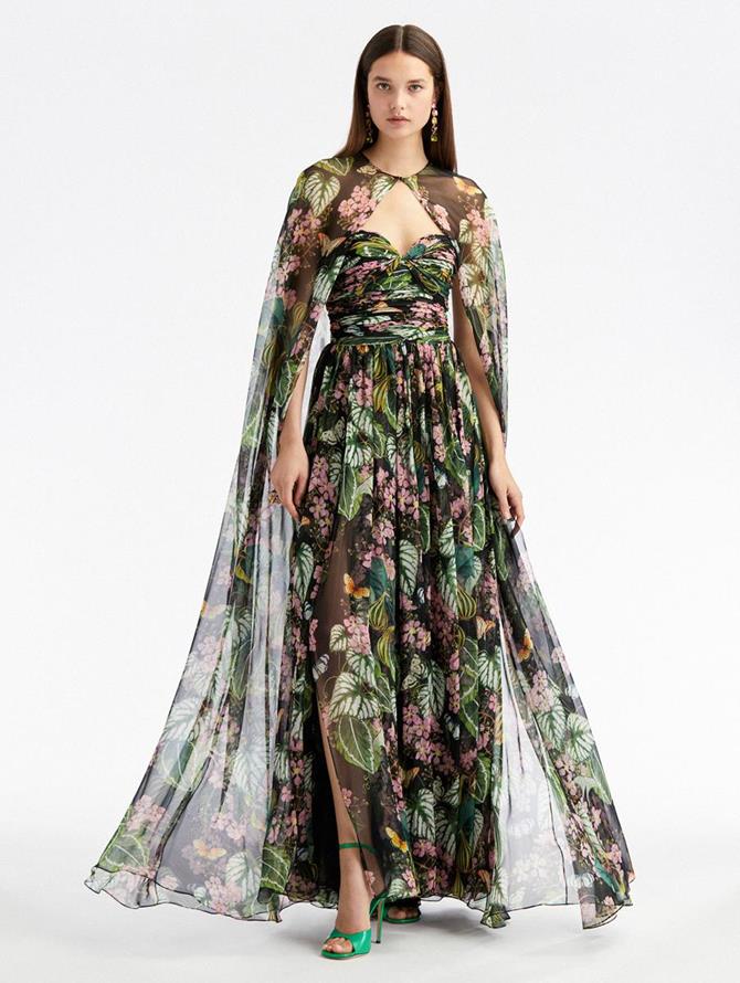 Strapless Floral Chiffon Cape Gown