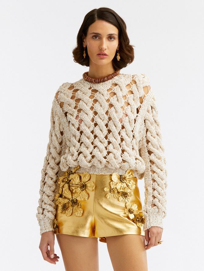 Sequin Cable Knit Pullover