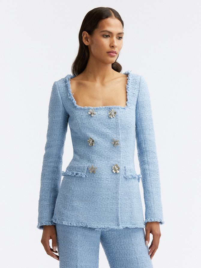 Floral Button Double-Breasted Tweed Jacket