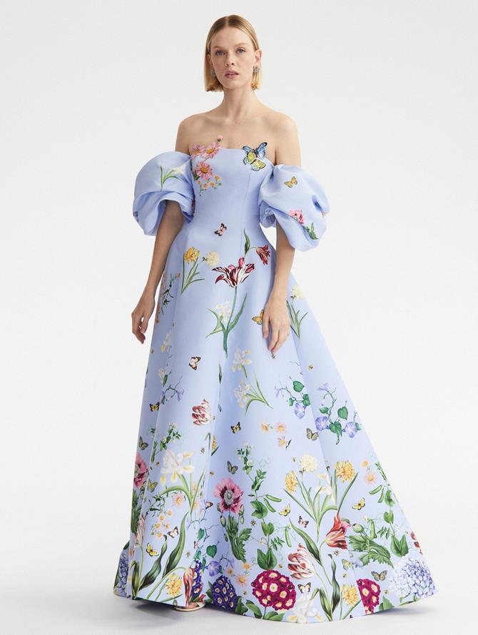 Drape Sleeve Multi Floral Faille Gown