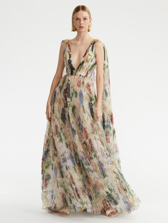 Pleated Multi Floral Gossamer Cape Gown