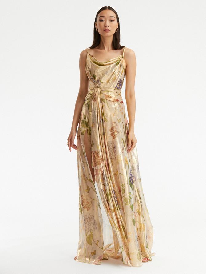 Draped Multi Floral Lame Gown