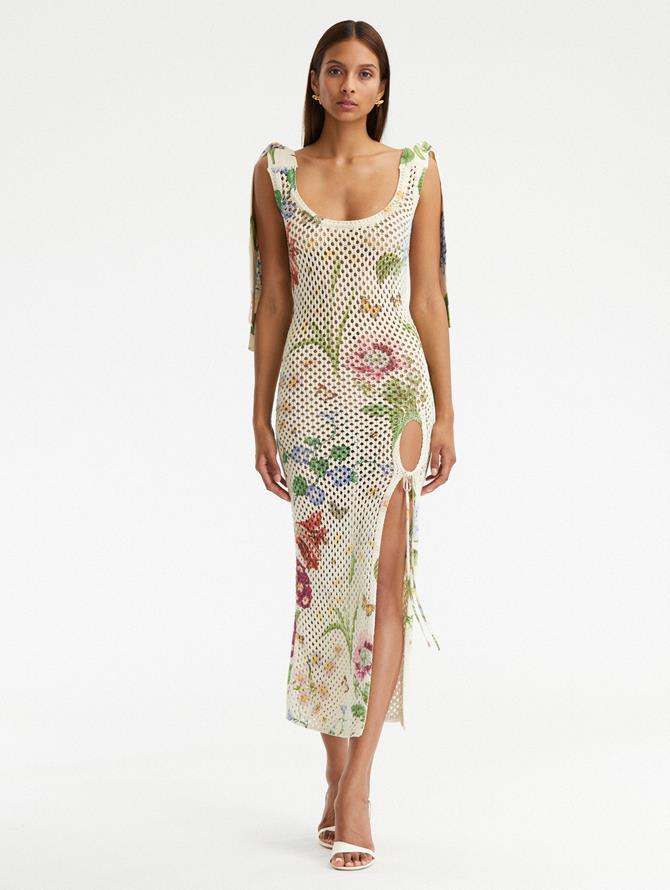 Tie Detail Floral Printed Knit Dress
