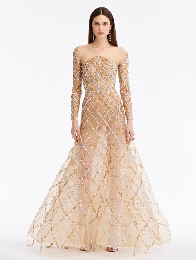 Sequin & Paillette Grid Embroidered Gown