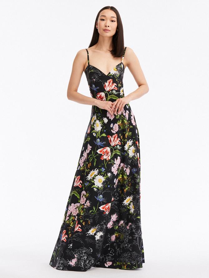 Sketched Floral Cotton Poplin Maxi Dress