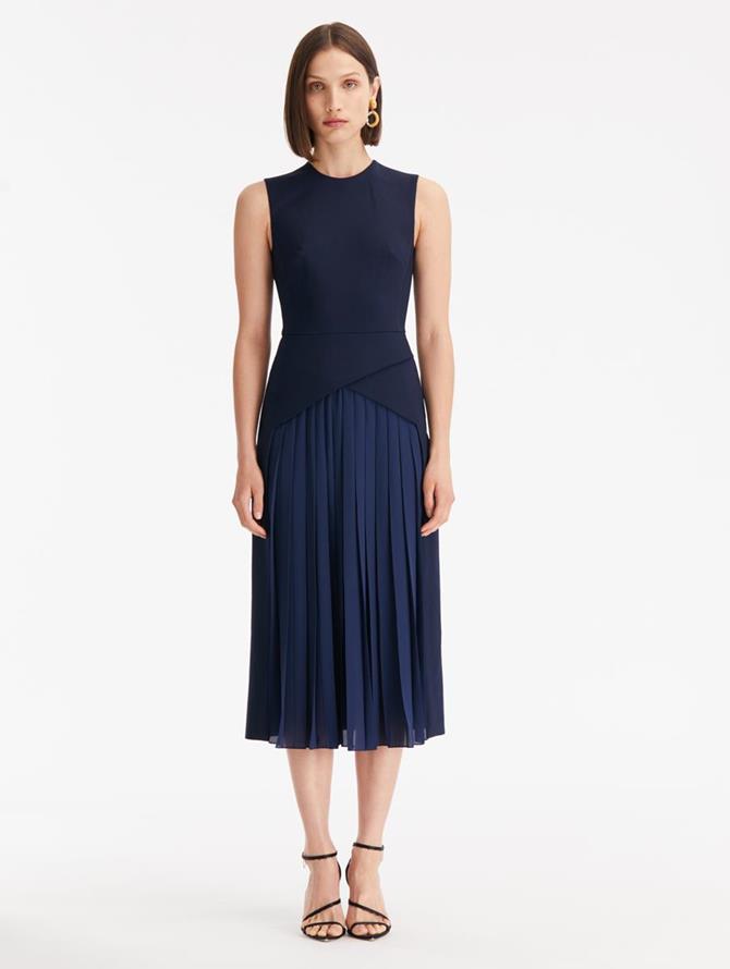 Pleated Skirt Stretch-Wool Dress