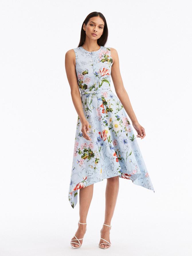 Asymmetrical Sketched Floral Cotton Poplin Dress