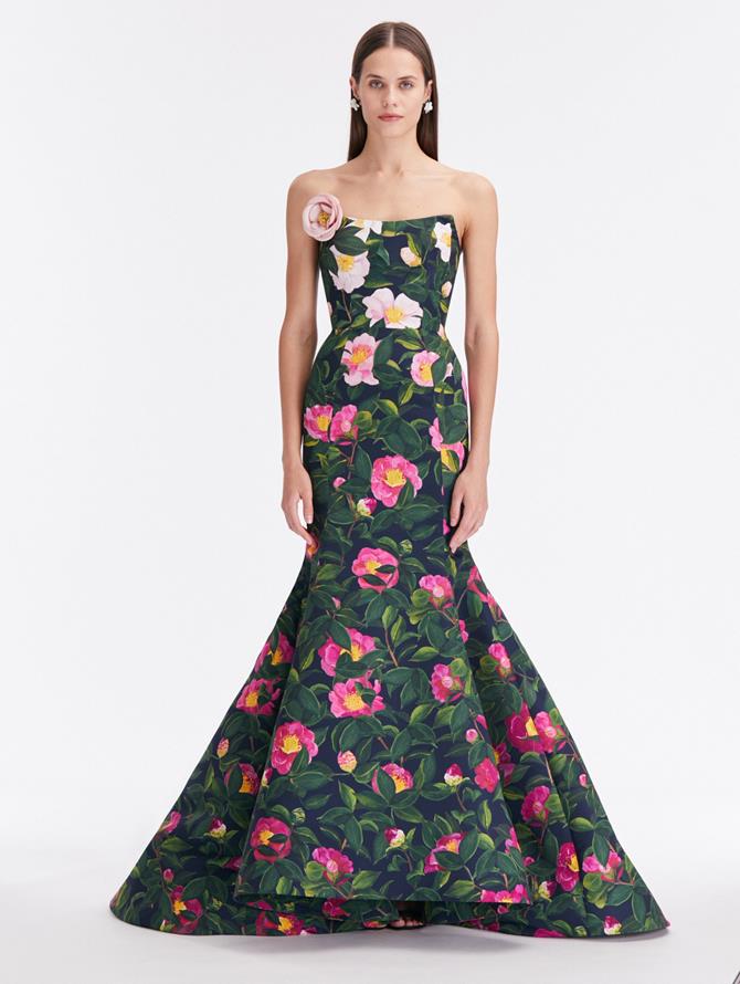 Camellia Faille Embroidered Gown