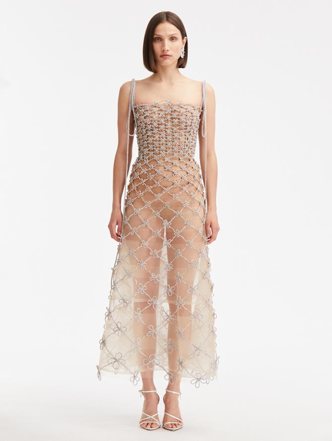 Crystal Grid & Bow Tea Length Dress