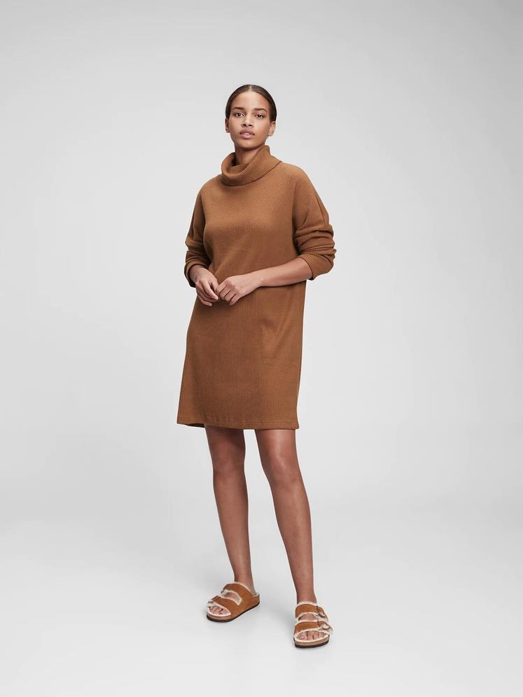 LS RIBBED COWL DRESS BRAZEN BROWN | Gibbons
